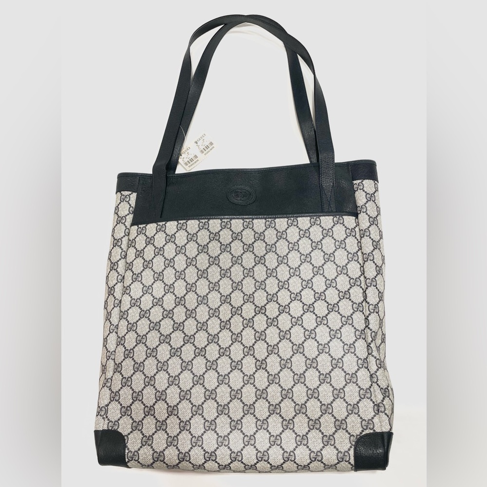 NWT GUCCI Vintage Navy GG Monogram Large Tall Travel Tote Leather Canvas Bag 90s